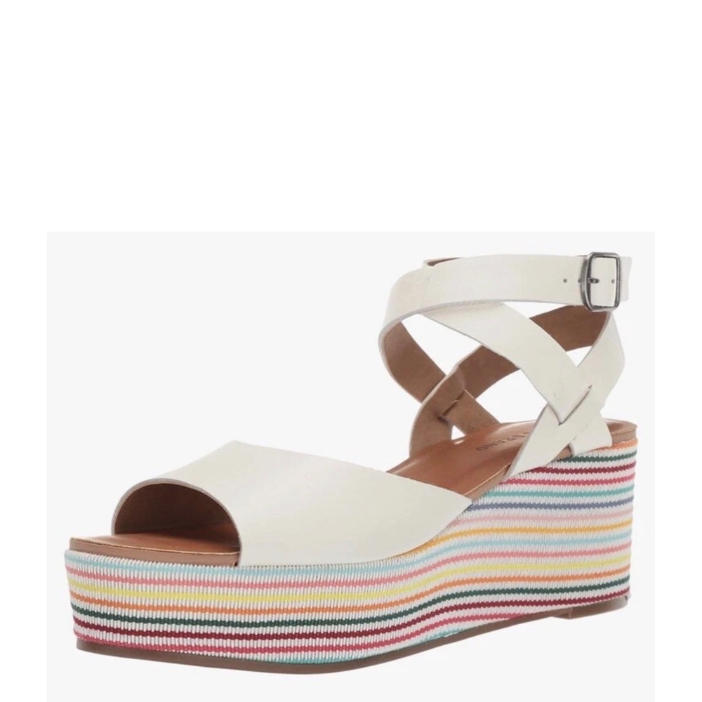Lucky Brand Ginny Womens White Leather Rainbow Striped Platform Wedge Sz 8.5